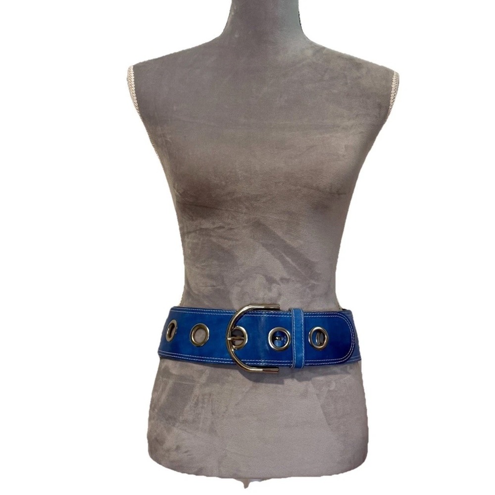 WCM New York Women's Wide Blue Leather Silver Grommets Vintage Boho Steampunk SM